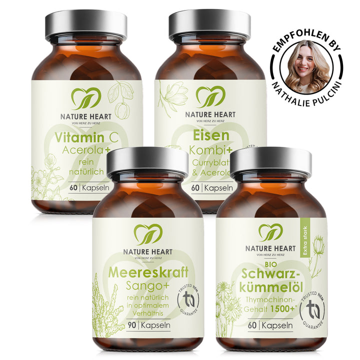 Nature Heart Stillzeit Bundle mit Vitamin C Acerola+, Eisen Kombi+, Meereskraft Sango+, BIO Schwarzkümmelöl und Siegel Empfohlen by Nathalie Pulcini