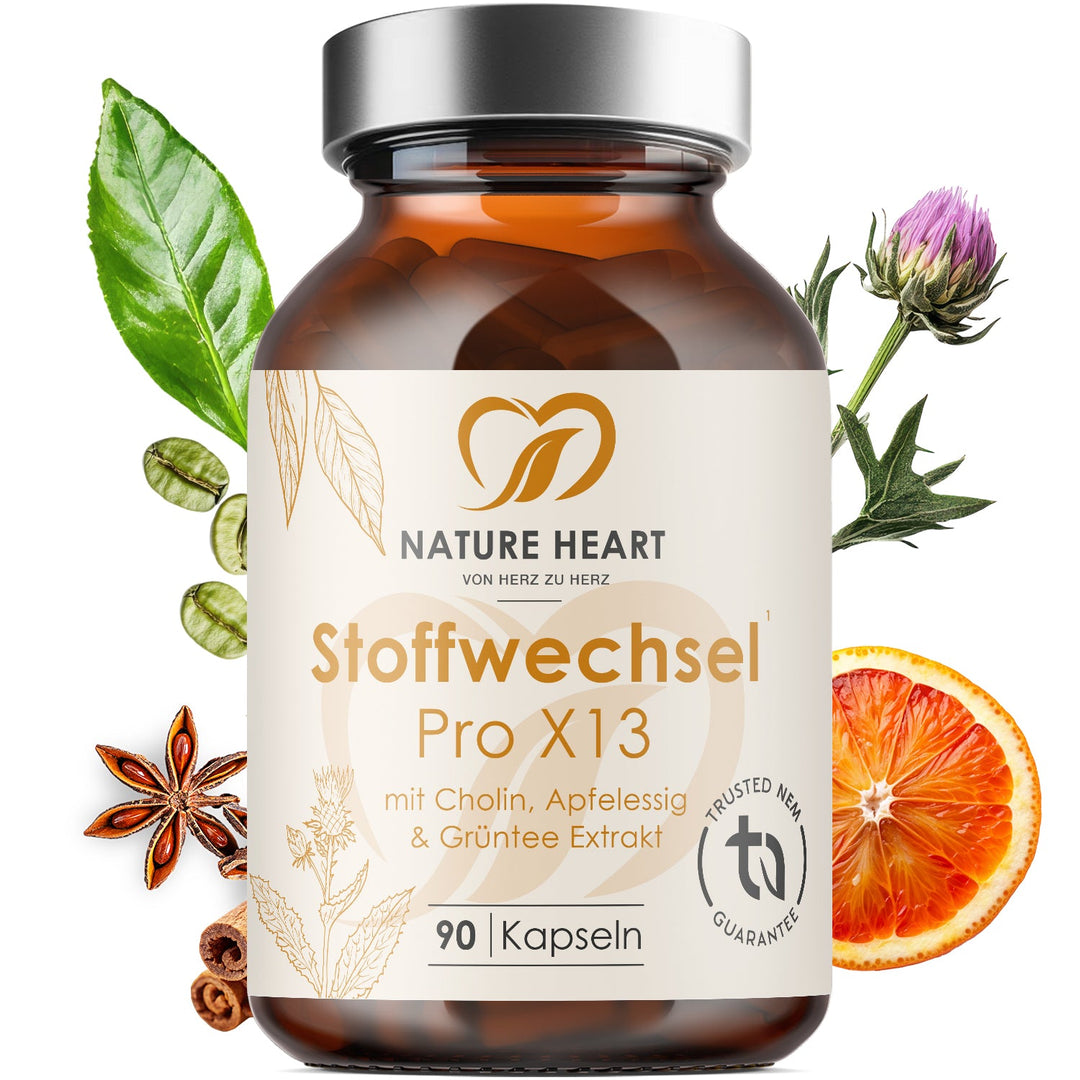 Nature Heart Stoffwechsel Pro X13 mit Cholin, Apfelessig und Grüntee Extrakt, 90 Kapseln, mit Mariendistel, Blutorange und Kaffeebohnen