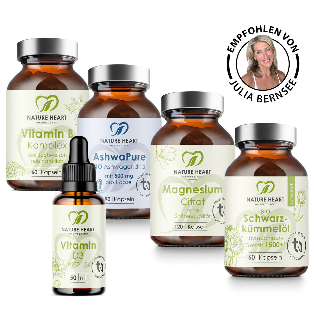 Nature Heart Stressless Bundle mit Vitamin B Komplex, AshwaPure, Vitamin D3, Magnesium Citrat, BIO Schwarzkümmelöl, Siegel Empfohlen von Julia Bernsee
