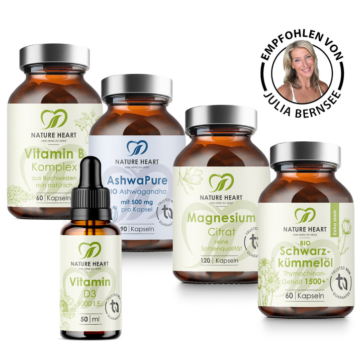 Nature Heart Stressless Bundle mit Vitamin B Komplex, AshwaPure, Vitamin D3, Magnesium Citrat, BIO Schwarzkümmelöl, Siegel Empfohlen von Julia Bernsee