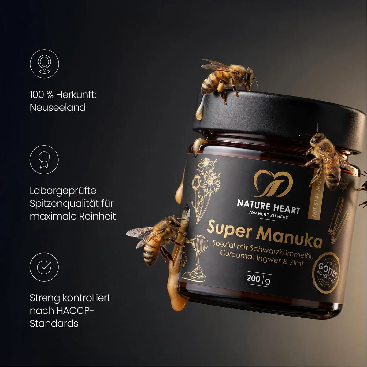 Nature Heart Super Manuka mit Schwarzkümmelöl, Curcuma, Ingwer & Zimt im 200-g-Glas, umgeben von Bienen