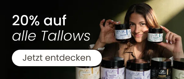 20 % auf alle Tallows von Nature Heart: Frau mit Tallow Anti-Age Formula und Tallow Fußpflege, davor weitere Tallow-Tiegel