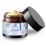 Geöffneter Braunglastiegel Nature Heart Tallow Anti-Age Formula 100 ml mit Magnolia-Extrakt, freigestellt