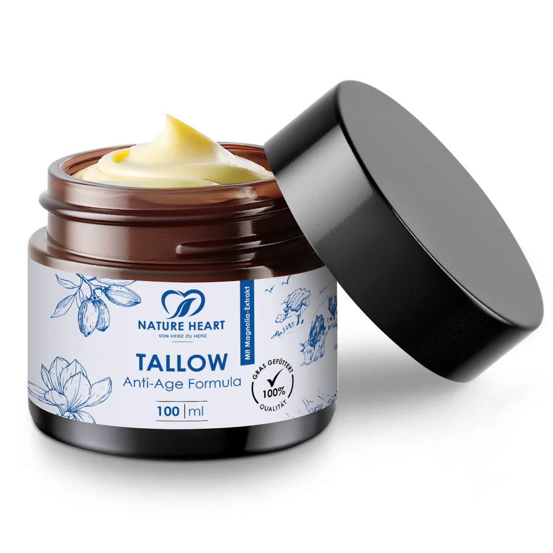 Nature Heart Tallow Anti-Age Formula 100 ml im geöffneten Braunglastiegel mit cremigem Inhalt, Deckel angelehnt