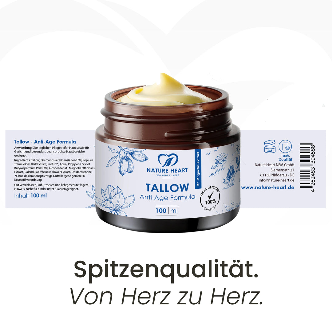 Nature Heart Tallow Anti-Age Formula 100 ml mit ausgerolltem Etikett: Anwendung, Inhaltsstoffe und Herstellerangaben