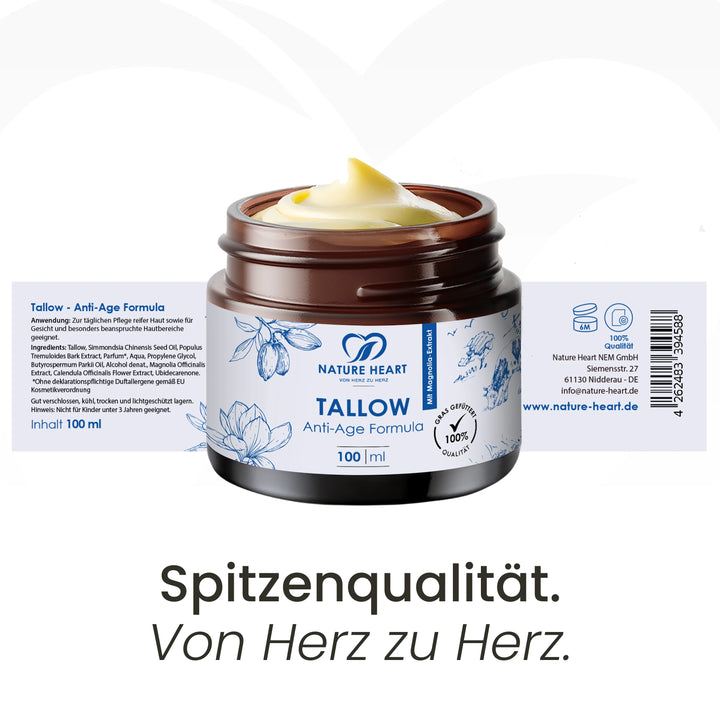 Nature Heart Tallow Anti-Age Formula 100 ml mit ausgerolltem Etikett: Anwendung, Inhaltsstoffe und Herstellerangaben