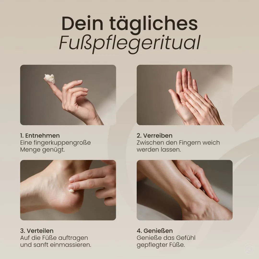 Vierteilige Fotoanleitung für das Fußpflegeritual: Entnehmen, Verreiben, Verteilen auf den Füßen und Genießen des gepflegten Gefühls.