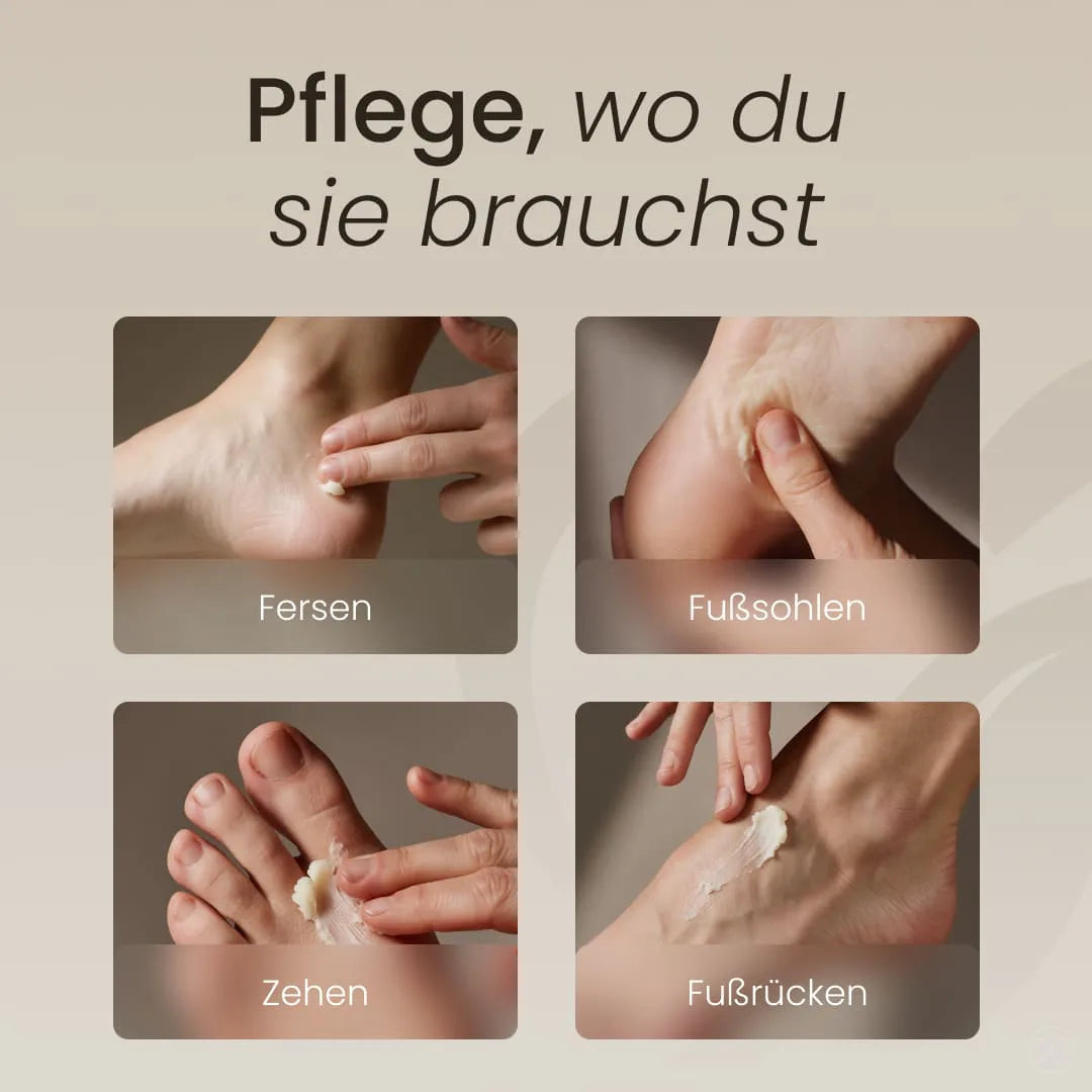 Vier Nahaufnahmen zur Pflegeanwendung von Tallow Fußbalsam auf Fersen, Fußsohlen, Zehen und dem Fußrücken unter der Überschrift „Pflege, wo du sie brauchst“.