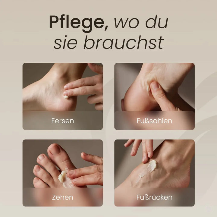 Vier Nahaufnahmen zur Pflegeanwendung von Tallow Fußbalsam auf Fersen, Fußsohlen, Zehen und dem Fußrücken unter der Überschrift „Pflege, wo du sie brauchst“.
