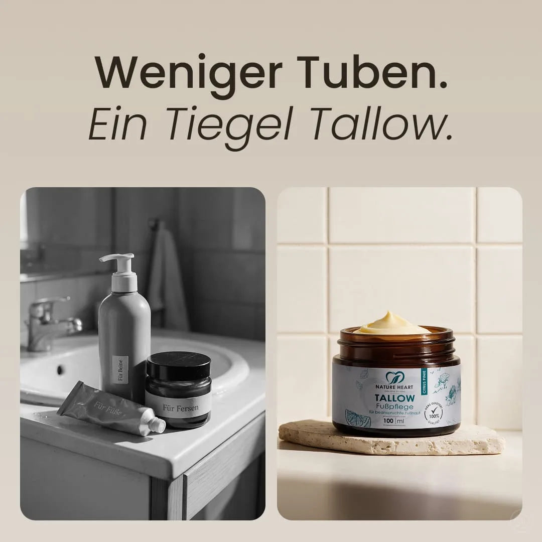 Vergleich zwischen mehreren grauen Kosmetiktuben im Badezimmer und dem geöffneten Glastiegel der Nature Heart Tallow Fußpflege mit dem Slogan „Weniger Tuben. Ein Tiegel Tallow.“