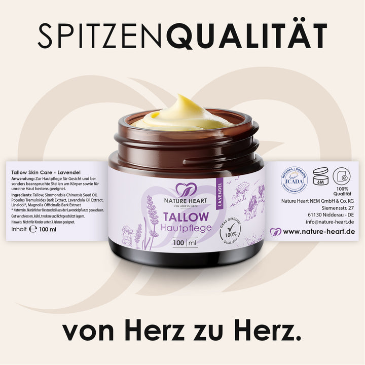 Nature Heart Tallow Hautpflege Lavendel 100 ml mit ausgerolltem Etikett: Anwendung, Inhaltsstoffe und Herstellerangaben, Headline Spitzenqualität
