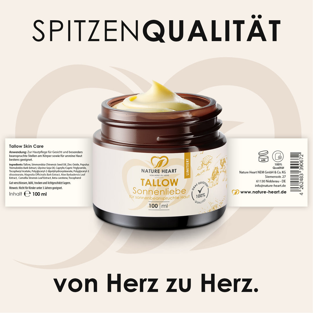 Nature Heart Tallow Sonnenliebe 100 ml mit ausgerolltem Etikett: Anwendung, Inhaltsstoffe und Herstellerangaben, Headline Spitzenqualität