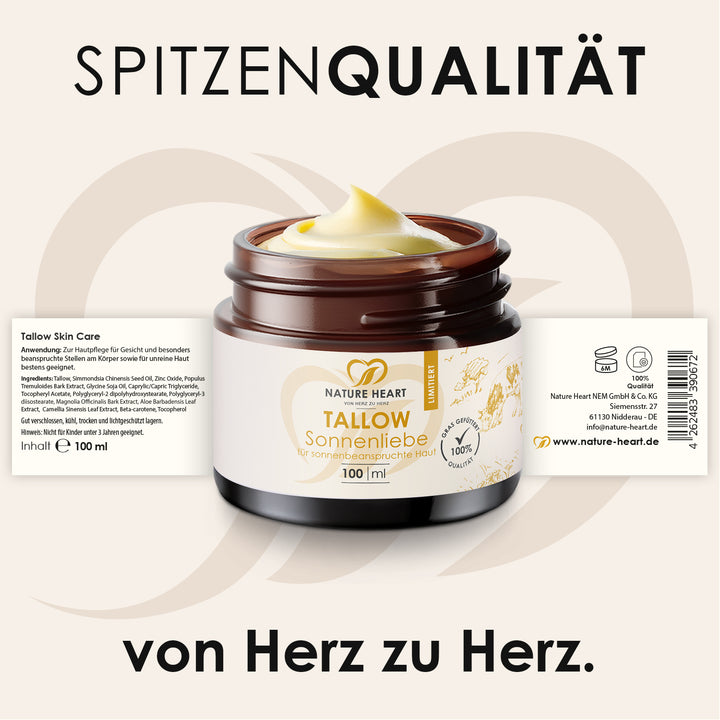 Nature Heart Tallow Sonnenliebe 100 ml mit ausgerolltem Etikett: Anwendung, Inhaltsstoffe und Herstellerangaben, Headline Spitzenqualität