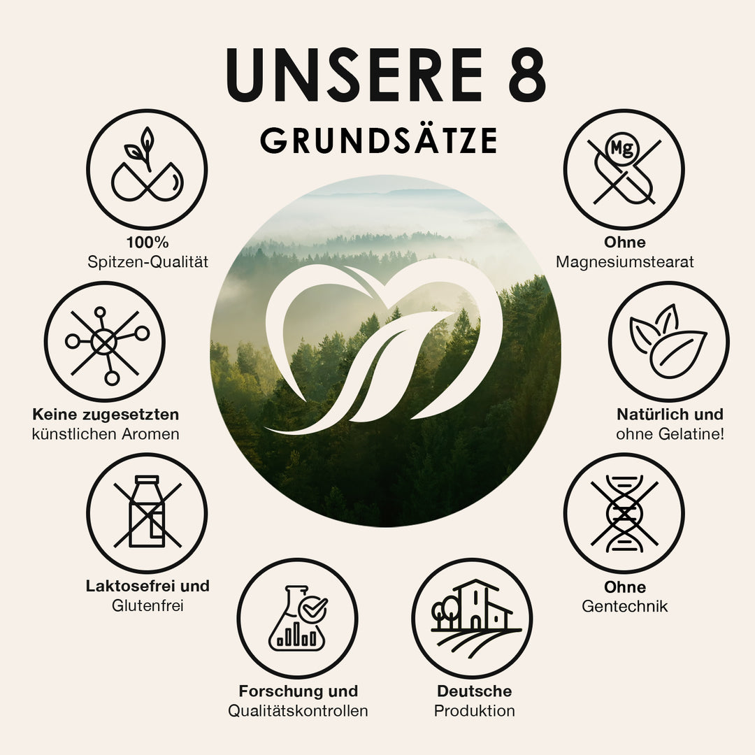 Nature Heart 8 Grundsätze zu AshwaPure BIO KSM66, darunter ohne Magnesiumstearat, ohne Gentechnik und deutsche Produktion