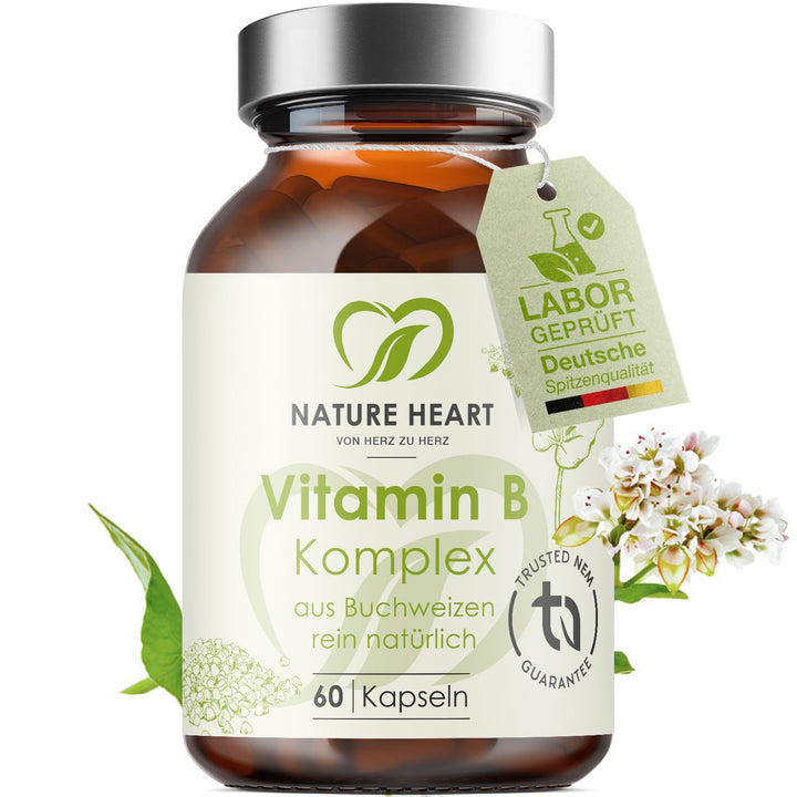 Nature Heart Vitamin B Komplex aus Buchweizen, 60 Kapseln im Braunglas mit Anhänger Labor geprüft, daneben Buchweizenblüten