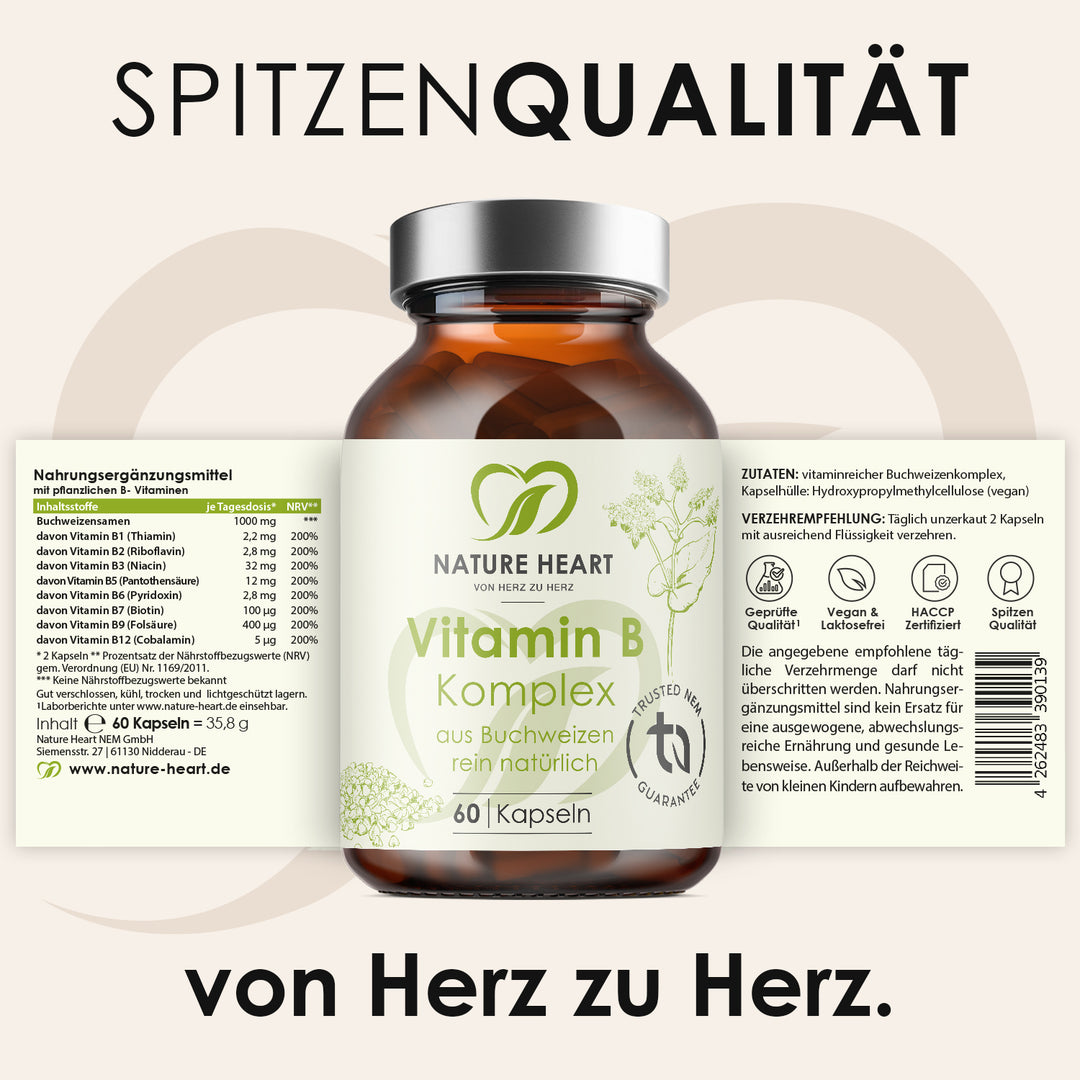 Nature Heart Vitamin B Komplex 60 Kapseln mit ausgerolltem Etikett: Nährwerttabelle, Zutaten und Verzehrempfehlung, Headline Spitzenqualität