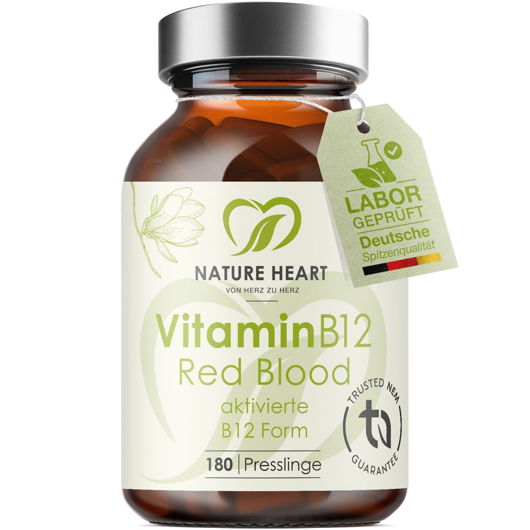 Nature Heart Vitamin B12 Red Blood, aktivierte B12-Form, 180 Presslinge im Braunglas mit Anhänger Labor geprüft