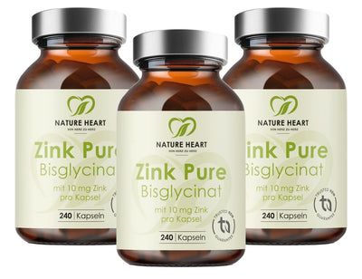 Essentials-Paket von Nature Heart Zink Pure Bisglycinat bestehend aus drei Gläsern.