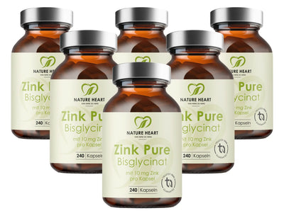 Großer Saison-Vorrat mit sechs Gläsern Nature Heart Zink Pure Bisglycinat.