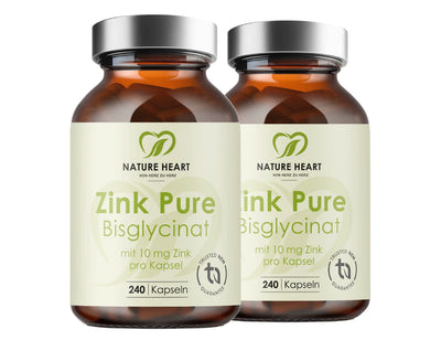 Zwei Gläser Nature Heart Zink Pure Bisglycinat im Starter-Paket.