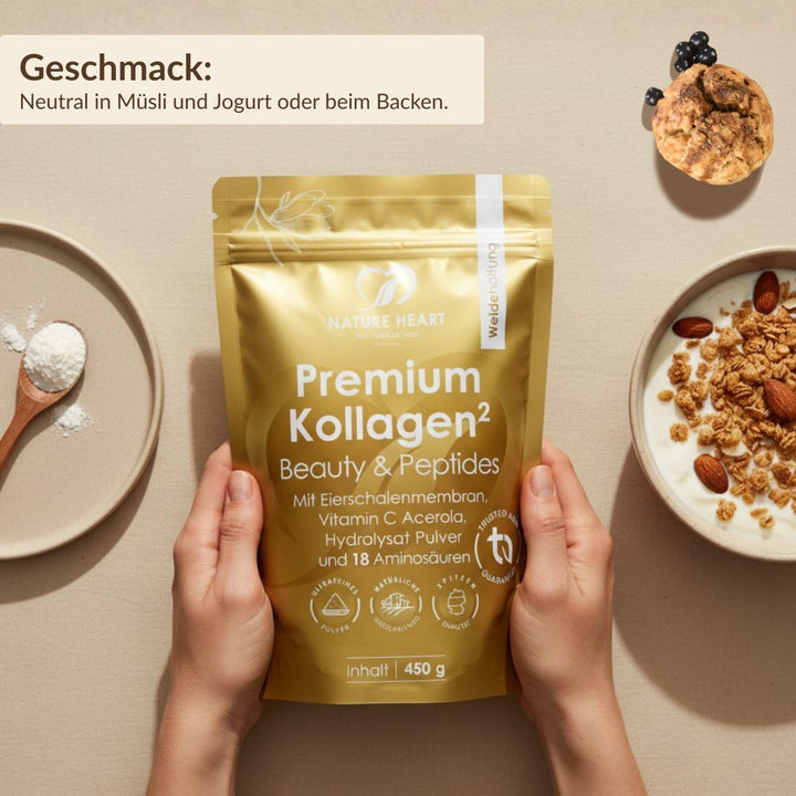 Hände halten den Premium Kollagen 450 g Beutel neben Müsli mit Joghurt, Hinweis neutraler Geschmack in Müsli, Joghurt oder beim Backen