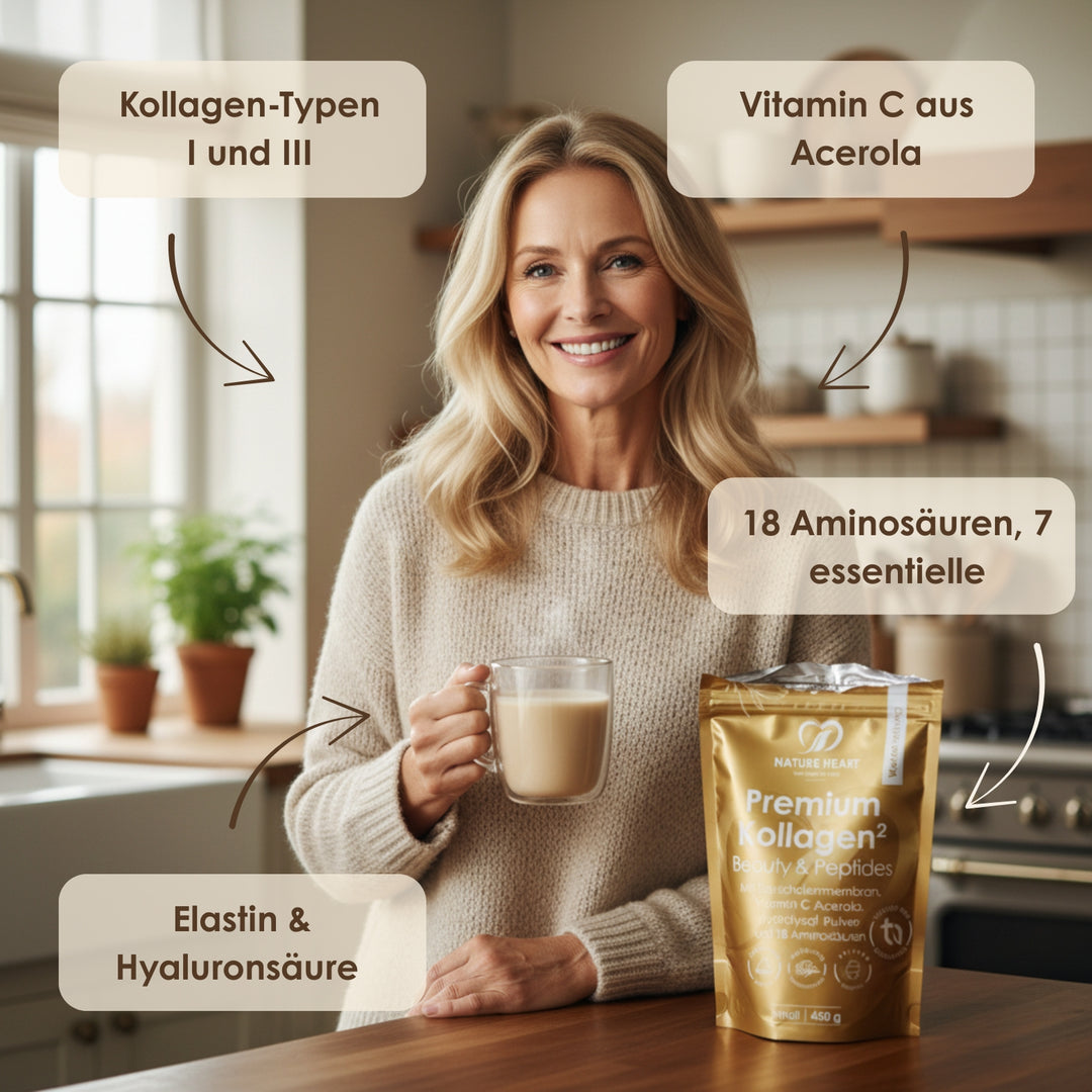Frau mit Getränk und Premium Kollagen Beutel, Hinweise auf Kollagen-Typen I und III, Vitamin C aus Acerola, 18 Aminosäuren, Elastin und Hyaluronsäure
