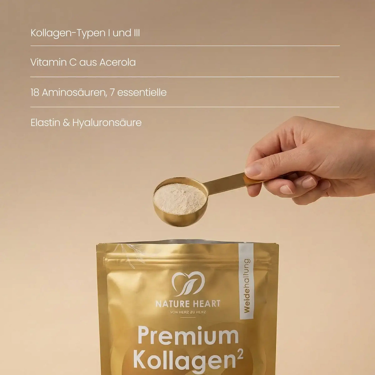Goldener Messlöffel mit Premium Kollagen Pulver über dem Beutel: Kollagen-Typen I und III, Vitamin C aus Acerola