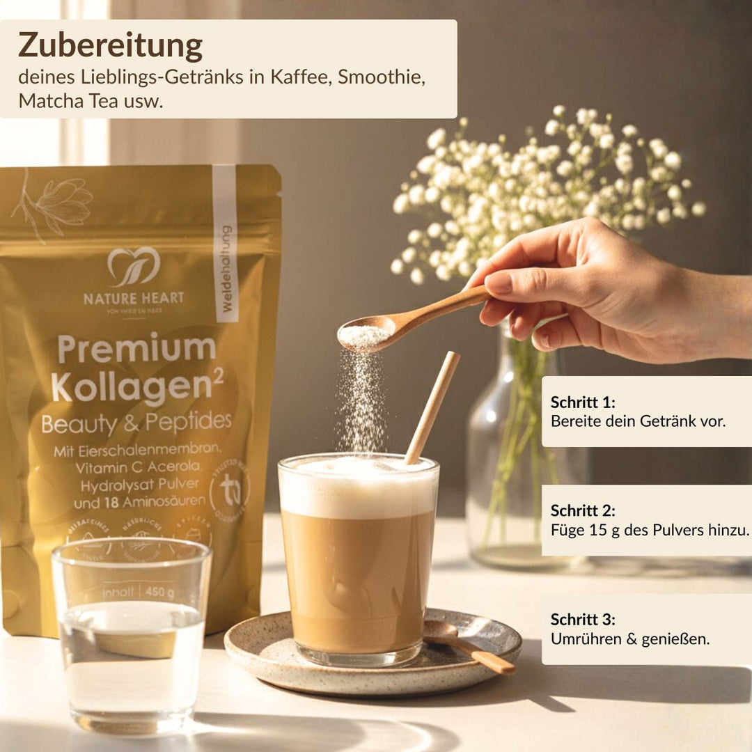 Premium Kollagen Pulver wird in einen Milchkaffee gegeben, Anleitung in 3 Schritten mit 15 g Pulver, für Kaffee, Smoothie oder Matcha