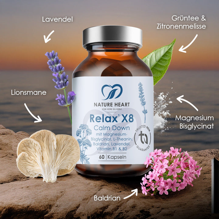 Relax X8 Calm Down 60 Kapseln mit beschrifteten Zutaten: Lavendel, Lion's Mane, Grüntee, Zitronenmelisse, Magnesiumbisglycinat und Baldrian