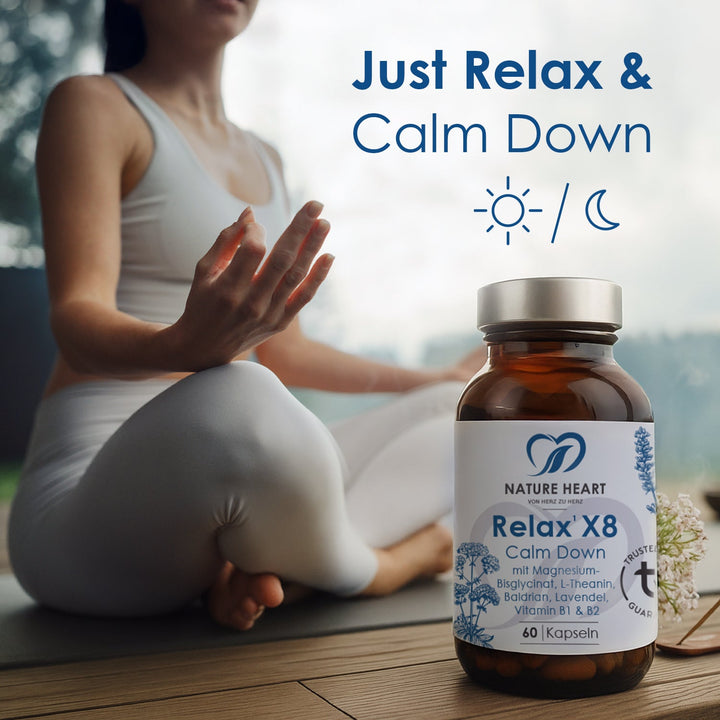 Frau im Schneidersitz bei Meditation neben einer Dose Relax X8 Calm Down, Schriftzug Just Relax & Calm Down mit Sonne und Mond