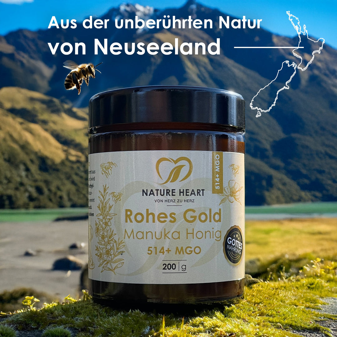 Glas Rohes Gold Manuka Honig 514+ MGO vor Bergsee und Bergen, Headline aus der unberührten Natur von Neuseeland
