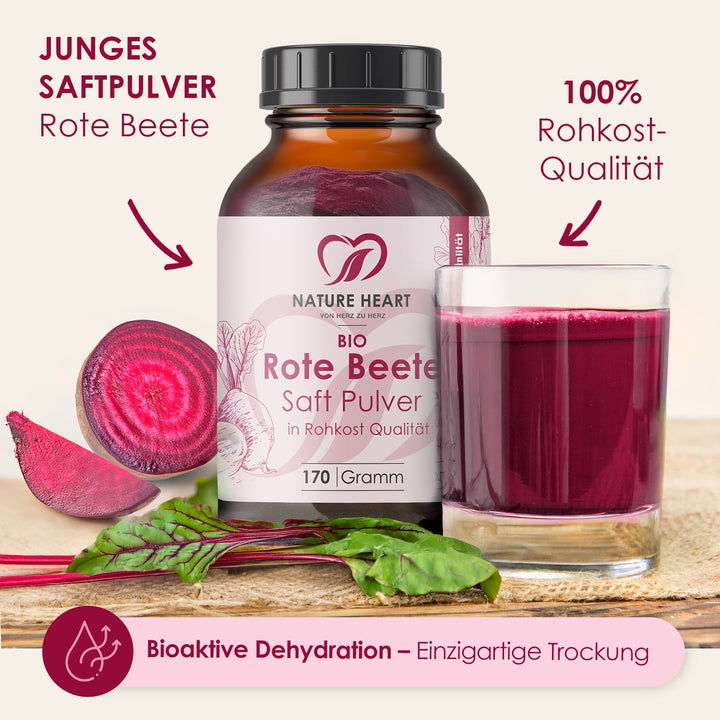 BIO Rote Beete Saft Pulver neben einem Glas rotem Saft und Roter Bete, Hinweise 100 % Rohkost-Qualität und bioaktive Dehydration