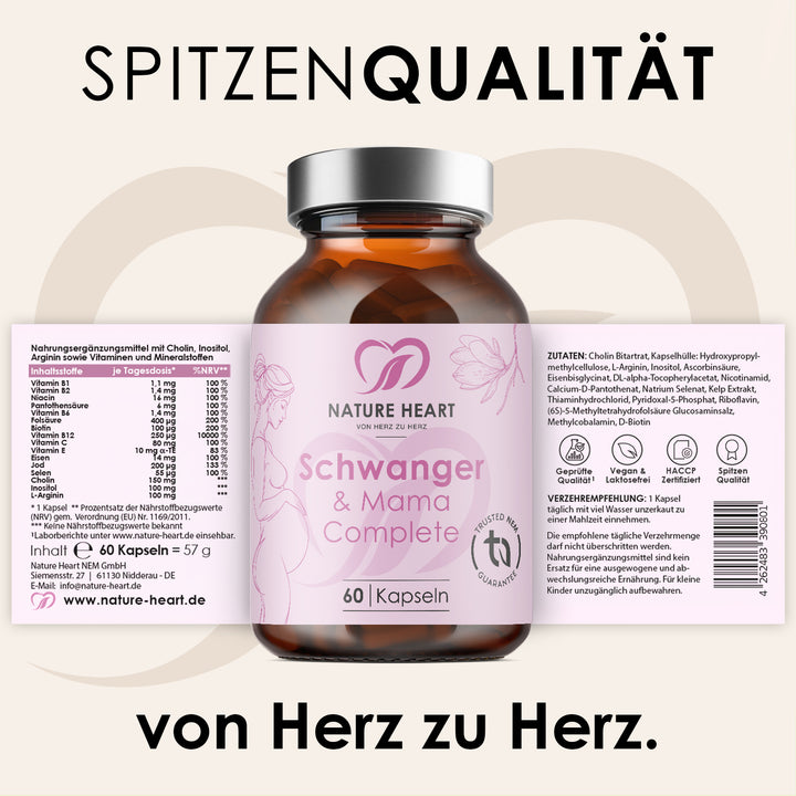 Schwanger & Mama Complete Glas mit 60 Kapseln und aufgeklapptem Etikett mit Nährstofftabelle, Zutaten und Verzehrempfehlung