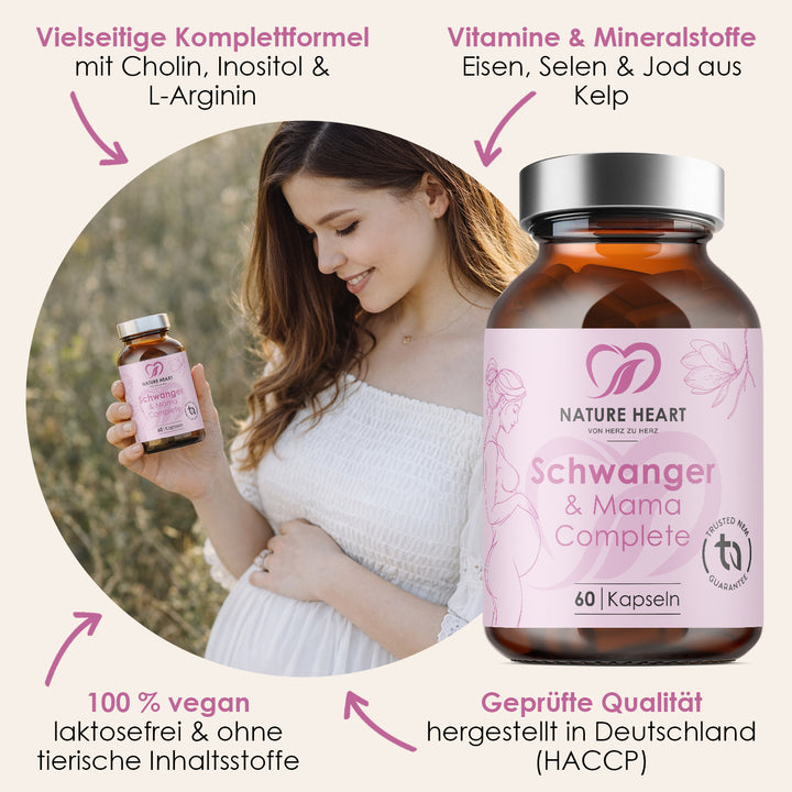Schwangere Frau mit Schwanger & Mama Complete, Hinweise zu Cholin, Inositol, L-Arginin, Eisen, Selen, Jod aus Kelp und vegan