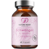 Glasbehälter mit Nature Heart Schwanger & Mama Complete, 60 Kapseln, mit sichtbarem Trusted NEM Guarantee-Siegel.