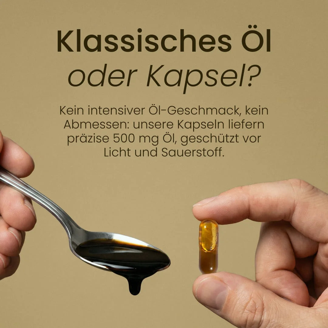Klassisches Öl oder Kapsel? Löffel mit dunklem Schwarzkümmelöl neben einer Bio Schwarzkümmelöl Kapsel mit 500 mg Öl, ohne Abmessen