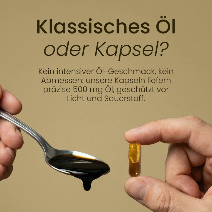 Klassisches Öl oder Kapsel? Löffel mit dunklem Schwarzkümmelöl neben einer Bio Schwarzkümmelöl Kapsel mit 500 mg Öl, ohne Abmessen