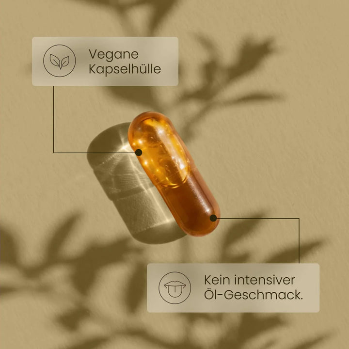 Einzelne Bio Schwarzkümmelöl Kapsel in Nahaufnahme mit den Hinweisen vegane Kapselhülle und kein intensiver Öl-Geschmack