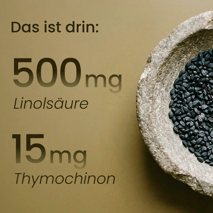 Das ist drin: Bio Schwarzkümmelöl Kapseln mit 500 mg Linolsäure und 15 mg Thymochinon, daneben eine Steinschale mit Schwarzkümmelsamen