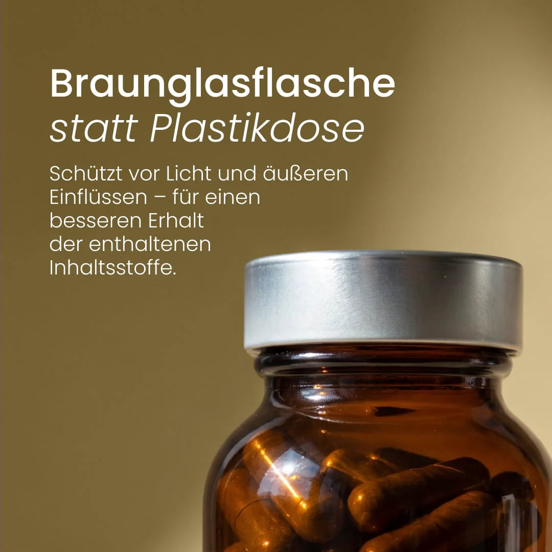 Bio Schwarzkümmelöl Kapseln in der Braunglasflasche statt Plastikdose: Das Glas schützt den Inhalt vor Licht und äußeren Einflüssen