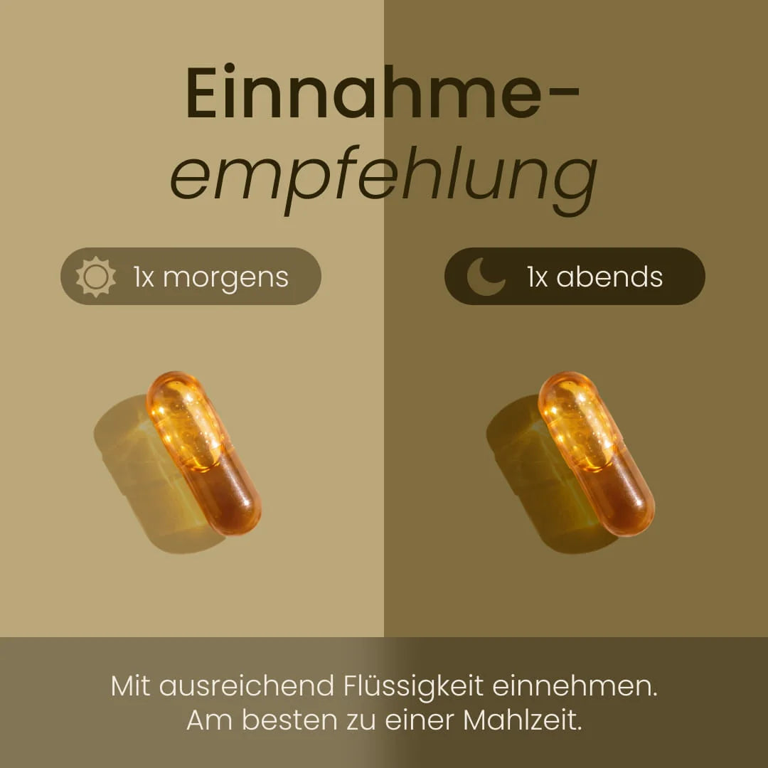 Einnahmeempfehlung für Bio Schwarzkümmelöl Kapseln: 1x morgens und 1x abends mit ausreichend Flüssigkeit, am besten zu einer Mahlzeit