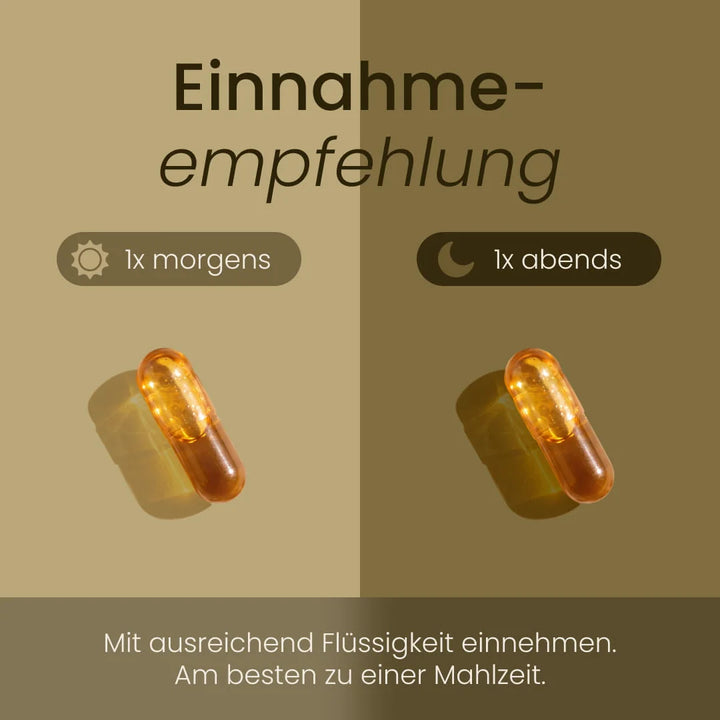 Einnahmeempfehlung für Bio Schwarzkümmelöl Kapseln: 1x morgens und 1x abends mit ausreichend Flüssigkeit, am besten zu einer Mahlzeit