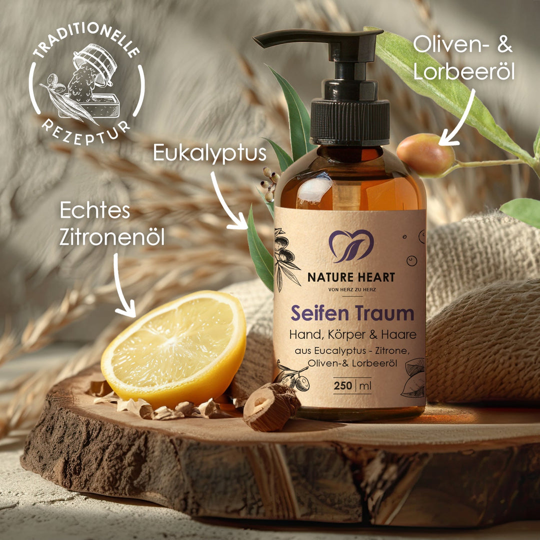 Seifen Traum für Hand, Körper und Haare 250 ml mit den Hinweisen echtes Zitronenöl, Eukalyptus, Oliven- und Lorbeeröl und traditionelle Rezeptur
