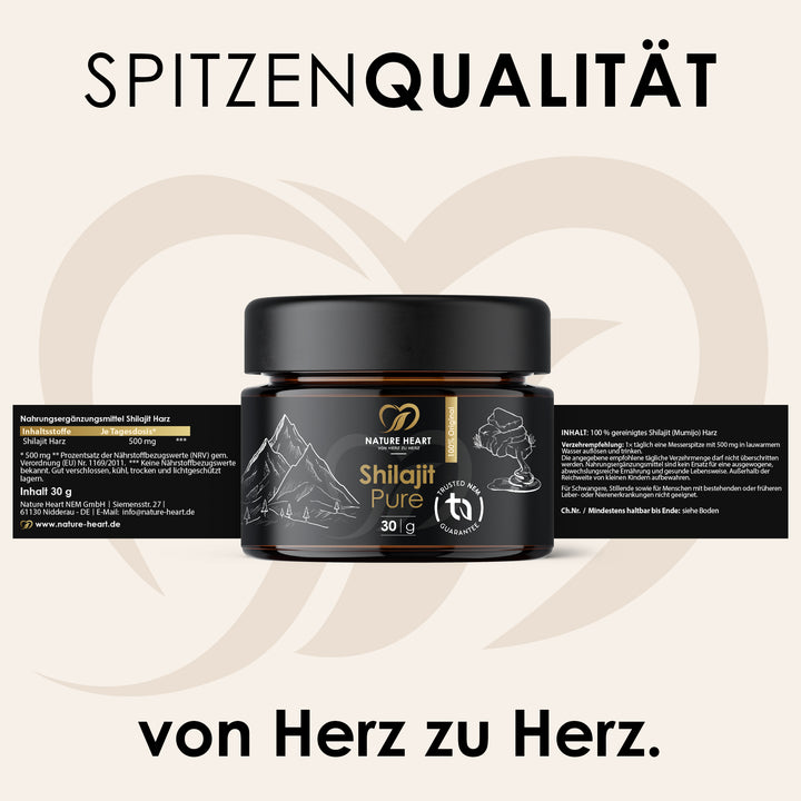 Shilajit Pure Tiegel 30 g mit aufgeklapptem Etikett zu Shilajit Harz, Inhaltsangabe und Verzehrempfehlung