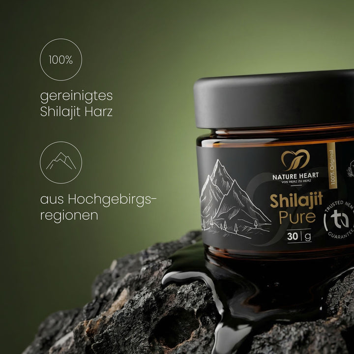 Shilajit Pure Tiegel 30 g auf dunklem Gestein mit Hinweisen 100 % gereinigtes Shilajit Harz aus Hochgebirgsregionen