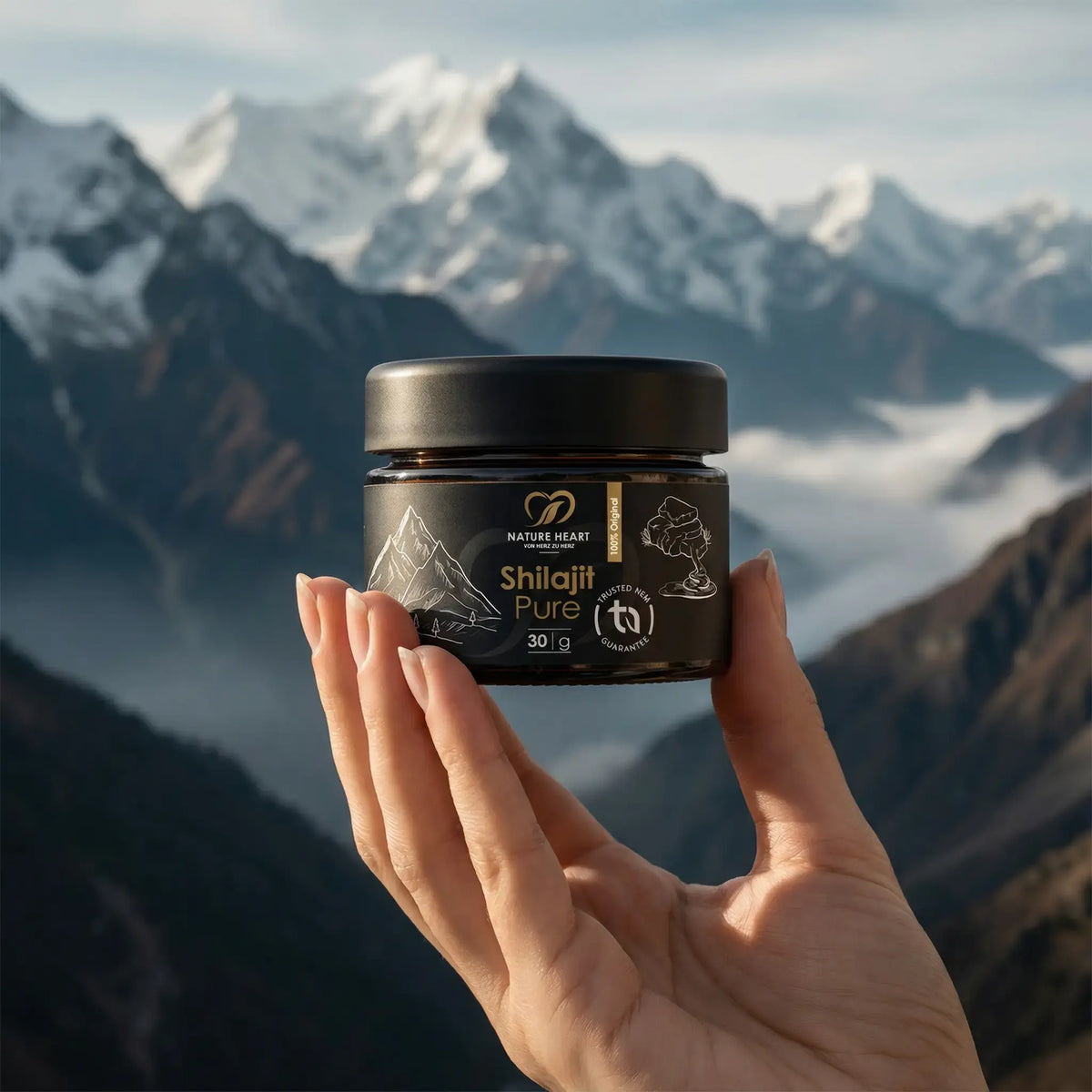 Hand hält einen Tiegel Shilajit Pure mit 30 g vor schneebedecktem Bergpanorama, Etikett mit Hinweis „100 % Original“