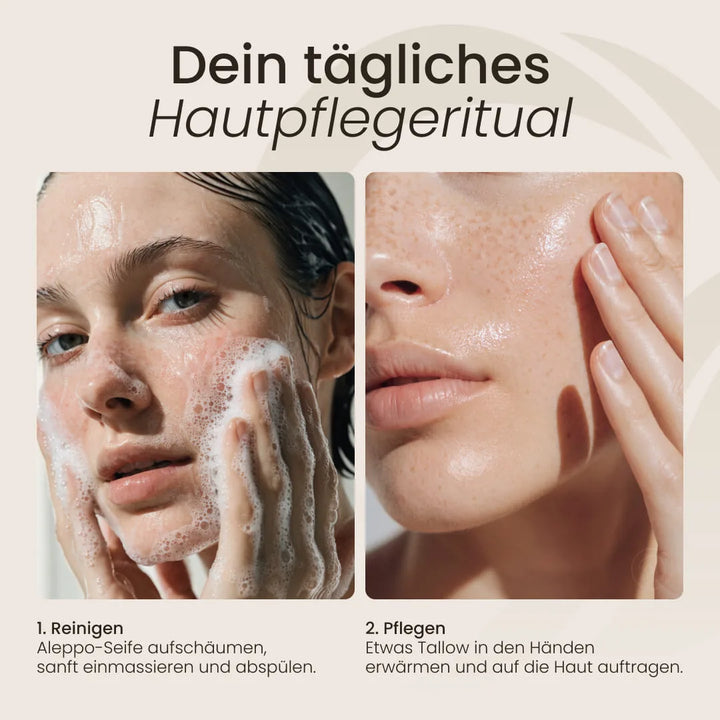 Anwendung des Skin Care Hydration Set: Gesicht mit Aleppo-Seife reinigen, danach Tallow in den Händen erwärmen und auf die Haut auftragen