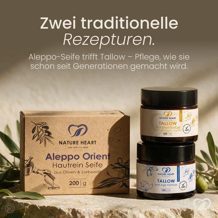 Zwei traditionelle Rezepturen im Skin Care Set: Aleppo Orient Hautrein Seife trifft Tallow Sonnenliebe und Tallow Anti-Age Formula