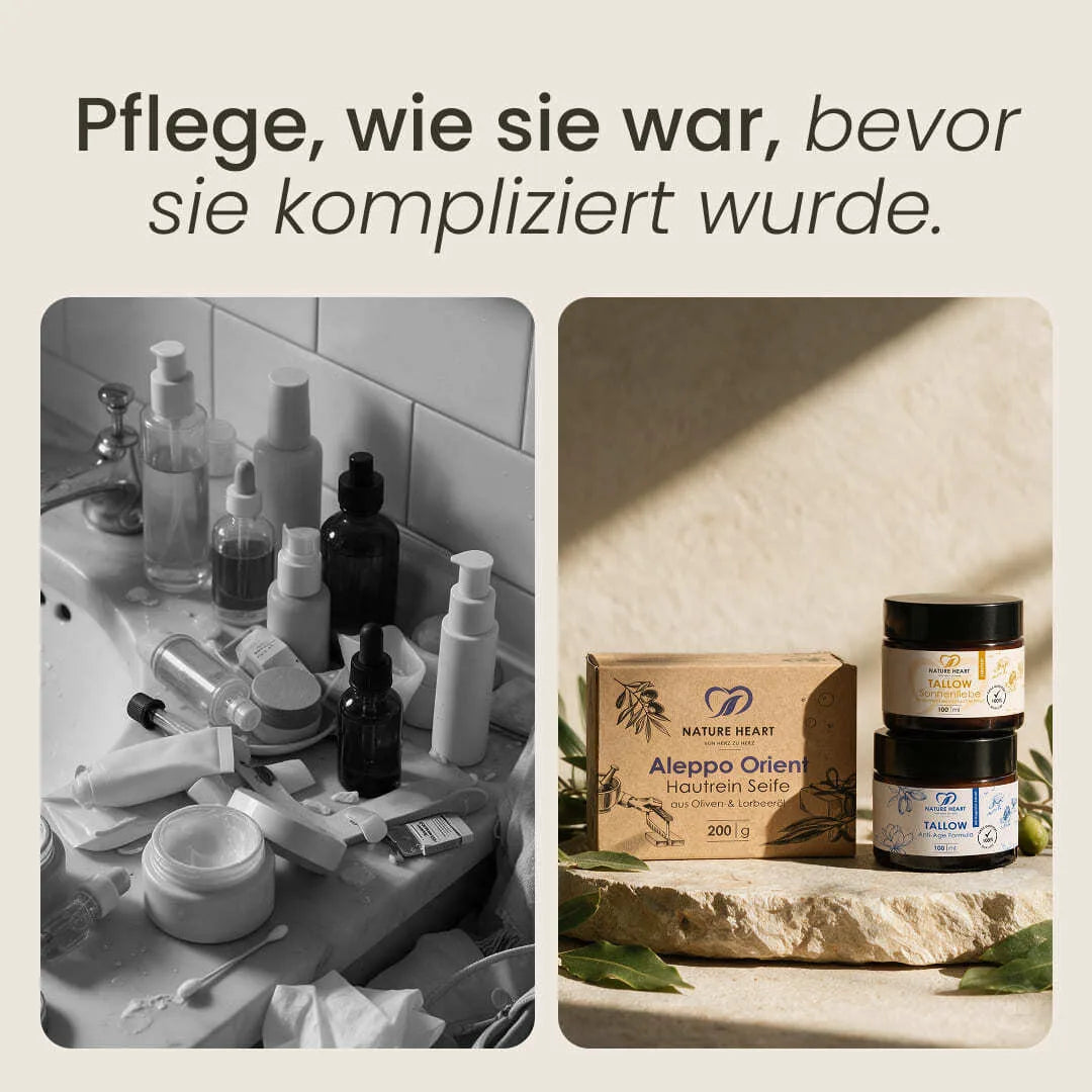 Viele Kosmetikprodukte am Waschbecken im Vergleich zum Skin Care Set aus Aleppo-Seife, Tallow Sonnenliebe und Tallow Anti-Age Formula