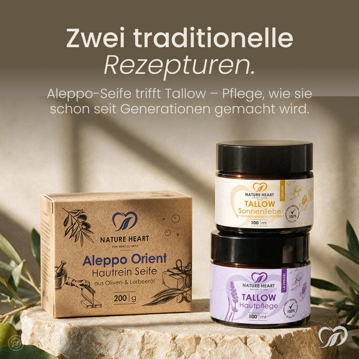 Zwei traditionelle Rezepturen im Skin Care Set: Aleppo Orient Hautrein Seife trifft Tallow Sonnenliebe und Tallow Hautpflege Lavendel